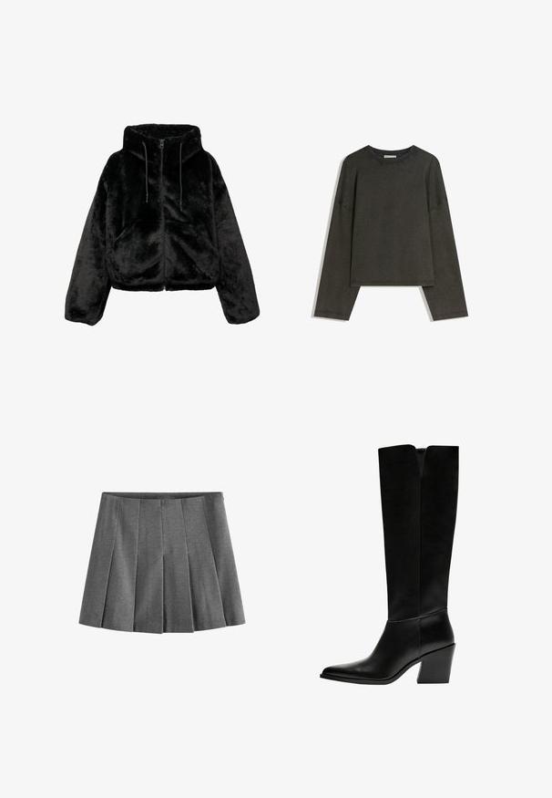 Giacca nera a vento accorciata in pelliccia ecologica, caratterizzata da un cappuccio, chiusura con zip e cordini. La superficie è morbida con una texture uniforme.; Maglia a maniche lunghe grigio scuro realizzata in un mix di cotone. Ha una forma ampia con scollatura rotonda e spalle scese, con cuciture visibili.; Gonna pieghettata grigia realizzata in tessuto morbido, con pieghe a coltello uniformemente distribuite e una vita per un aspetto aderente.; Stivali neri al ginocchio in pelle liscia, con punta appuntita, tacco a blocco e un'apertura a forma di V nella parte superiore.