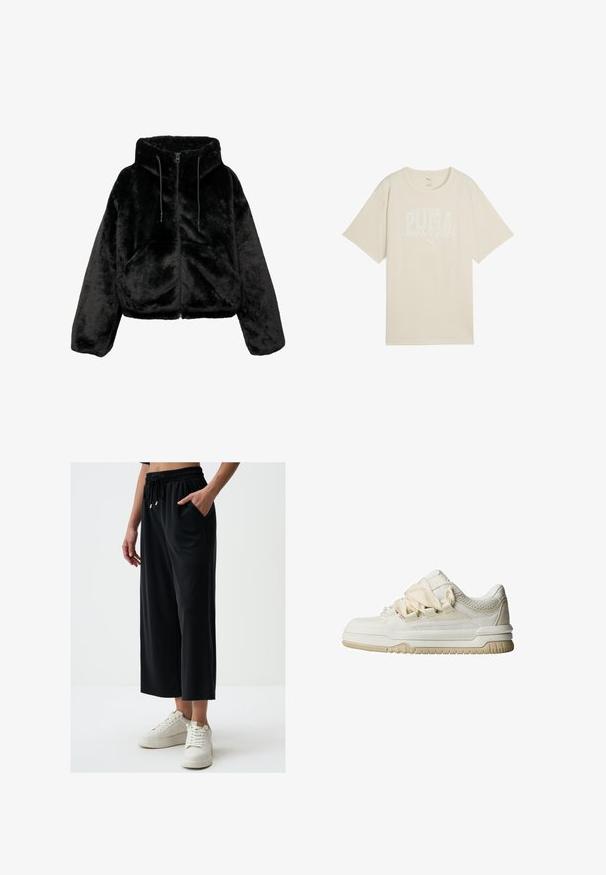 Zwarte cropped jasje van pluizig nepbont, met een capuchon, rits- en trekkoordsluiting. Het oppervlak is zacht met een uniforme textuur.; Beige katoenen t-shirt met een ontspannen pasvorm, voorzien van een witte grafische print met de tekst "PUMA sports club" en een klein logo erboven.; Zwarte wijde broek van zachte stof, met een elastische tailleband met trekkoord, zakken aan de zijkanten en een gladde textuur.; Laag uitgesneden sneaker in off-white met een gestructureerde bovenkant, mesh panelen en een contrasterende beige rubberen zool. Beschikt over dikke veters en minimale branding.