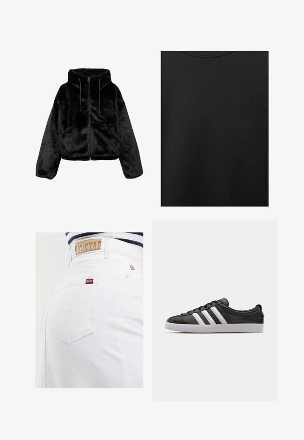 Sort cropped jakke lavet af blød faux fur, med hætte, lynlåslukning og snore. Overfladen er blød med en ensartet tekstur.; Sort bomuldsstof med glat struktur og rund halsudskæring, prydet med et subtilt, jævnt kornmønster. Ingen synlige logoer eller accenter.; Hvide denim jeans med høj talje, forsynet med et tan lædermærke på bagsiden og et lille rødt logo-tag på baglommen.; Sorte lædersneakers med hvidt tre-stribe-design, rund tå, flad hvid gummisål og branddetalje på siden.