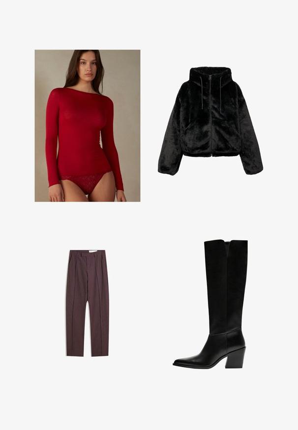 Černá zkrácená bunda vyrobená z plyšového umělého kožešiny, s kapucí, zipovým zapínáním a stahovacími šňůrkami. Povrch je měkký a má jednotnou strukturu.; Intimissimi U-BOOT-AUSSCHNITT - Top s dlouhým rukávem - rosso; Fialové proužkované kalhoty s sklady, s vysokým pasem a rovnými nohavicemi. Vyrobeno z hladké, texturované tkaniny.; Černé kozačky po kolena vyrobené z hladké kůže, s špičatou špičkou, blokovým podpatkem a výřezem ve tvaru V na vrchu.