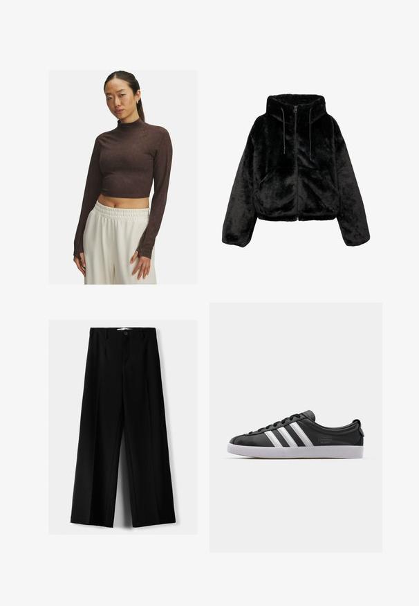 Musta lyhyt takki, joka on valmistettu pehmeästä tekoturkiksesta. Takissa on huppu, vetoketjusuljenta ja kiristysnyörit. Pintamateriaali on pehmeä ja tasainen.; Ruskea muotoiltu pitkähihaiset yläosa, jossa on mock-kaulus, valmistettu sileästä kankaasta, jossa on kapea leikkaus ja hienovaraisia ompeleita. Valkoiset joustavyötäröiset housut.; Mustat leveälahkeiset housut, jotka on valmistettu kevyestä kankaasta. Housuissa on etunappikiinnitys ja tasainen etuosa, sekä huolellisesti ommellut helmat.; Musta nahkakengät valkoisella kolmiraidallisella designilla, pyöreällä varpaalla, litteällä valkoisella kumipohjalla ja brändätyllä yksityiskohdalla sivussa.