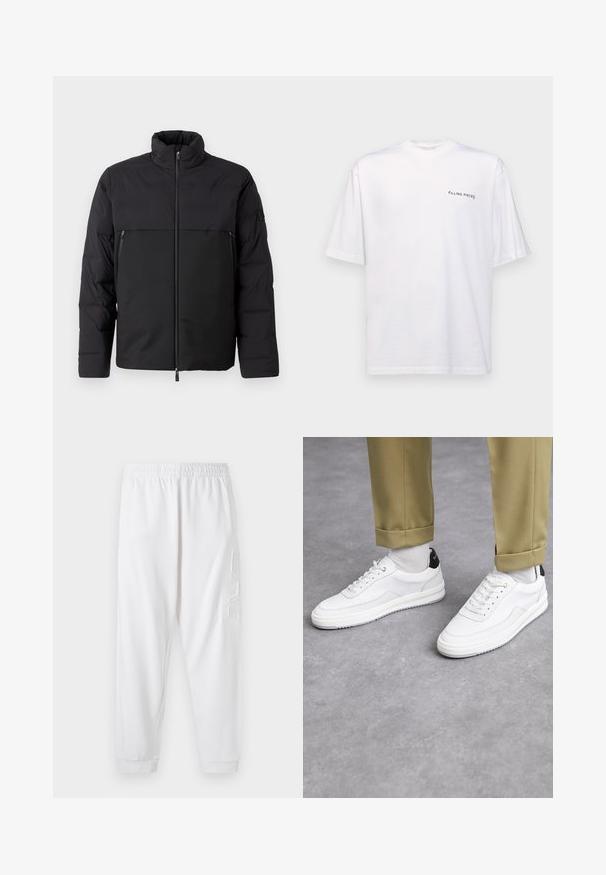 Melna pūkaina jaka ar augstu apkakli, ar rāvējslēdzēju priekšpusē un sānu kabatām. Raksturīga gluda tekstūra un kontrastējoši auduma paneļi.; Baltas īsām piedurknēm T-kreklis no kokvilnas ar V veida kakla izgriezumu, uz kura kreisajā pusē ir melns "FILLING PIECES" logo.; Baltas sašaurināts sporta bikses ar elastīgu jostasvietu un aprocēm uz potītēm. Ar tekstūru logo detalizāciju kreisajā augšstilbā. Mīksta auduma.; Baltas sporta apavi ar teksturētu ādas virsmu, noapaļots purngalis un melna papēža akcenta detaļa. Gumijas zole ar nelielu raksta zīmējumu un šuvju detaļām.