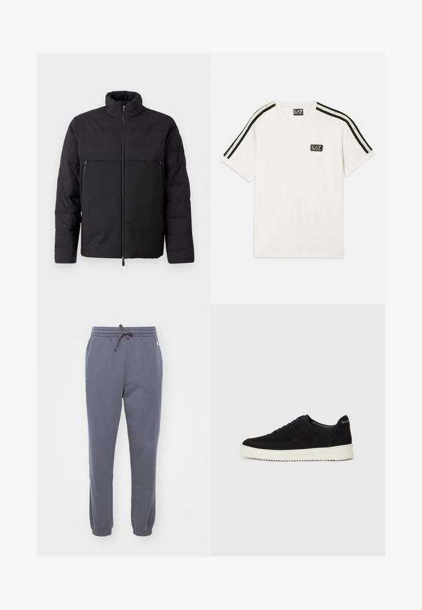 Fekete puffermellény magas gallérral, cipzáras elejével és oldalsó zsebekkel. Simás textúrával és kontrasztos anyagpanelekkel rendelkezik.; Fehér pamut póló, kerek nyakkivágással, rövid ujjakkal, fekete díszcsíkokkal a vállakon és egy kis EA7 logóval a mellen.; Szürke bolyhos melegítőnadrág, rugalmas derékkal és húzózsinórral. Kihúzott szegélyek és oldalsó zseb részletek. Puha textúra, alkalmas hétköznapi viseletre.; Fekete velúr sportcipő fűzős dizájnnal és kontrasztos fehér gumitalppal. Jellemzői a textúrázott oldalpanelek és a diszkrét logó a sarokon.