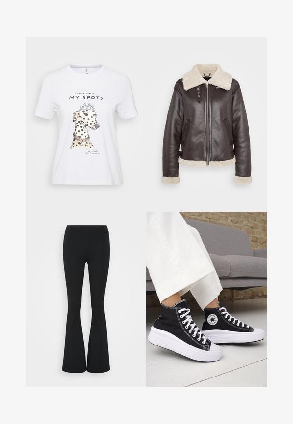 Brown leather jacket with cream shearling collar, cuffs, and hem, front zipper, side pockets, and buckle straps on waist.; White cotton t-shirt featuring an illustrated dog with black spots, wearing a crown and necklace. Text reads: "I can't change my spots."; Black flared pants made of stretchy fabric, featuring a high waistband and a smooth texture. The pants flare out from the knee.; Black high-top sneakers with white rubber soles and laces. Features a round logo patch and contrasting white stitching. Canvas material.