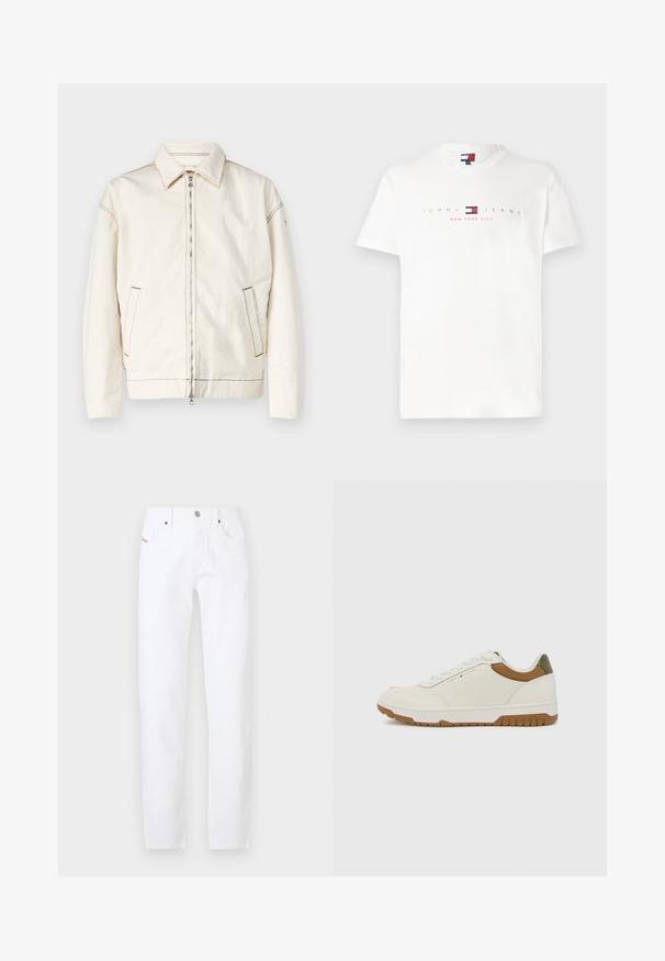 Fehér Farmerdzseki hegyes gallérral, teljes zippel, oldalsó zsebekkel és kontrasztos varrással. Lazább fazon és minimális dizájn jellemzi.; Fehér pamut póló, amelyen fekete és piros szöveggel szerepel a "TOMMY JEANS" és a "NEW YORK CITY", egy kis logó elemmel középen alatta.; Fehér denim nadrág egyenes szárú fazonnal, klasszikus öt zsebes kialakítással és fémből készült gombos záródással. Minimalista stílus, minta nélkül.; Tommy Hilfiger BASKET CORE - Sportcipő - ecru/army green