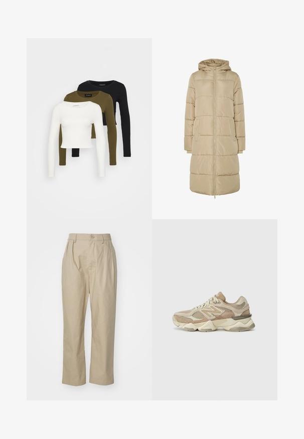 Μπεζ φουσκωτό παλτό με κουκούλα, που διαθέτει οριζόντια ραμμένα τμήματα, πλήρη κλείσιμο με φερμουάρ και δύο μπροστινές τσέπες. Λείο, ελαφρύ υλικό.; Even&Odd Petite 3 PACK - Μπλούζα με μακριά μανίκια - black/dark olive/blanc de blanc; Μπεζ παντελόνι κατασκευασμένο από βαμβάκι, με χαλαρή εφαρμογή, εμπρός πτυχώσεις, κλείσιμο με ένα κουμπί και ίσια πόδια με ραμμένα στριφώματα.; Μπεζ αθλητικά παπούτσια με υλικά από δίχτυ και σουέτ, στρογγυλή μύτη, χοντρή σόλα και αξιοσημείωτες ανακλαστικές λεπτομέρειες στο πλάι.