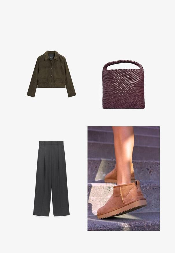 Cropped olive green leather jacket with a collar, front button closure, and two front pockets. Smooth texture and tailored fit.; Black fuzzy knit sweater with long sleeves, crew neck, and a relaxed fit. Soft texture with a slightly oversized silhouette.; Wide-leg trousers in dark gray fabric, featuring a smooth texture, front pleats, and a standard waistband with belt loops.; Tan suede ankle boots with a soft texture, stitched detailing, and a rubber sole, featuring a looped heel for easy wear.; Woven leather handbag in deep burgundy, square shape with a rounded handle and textured surface pattern. Minimalistic design.