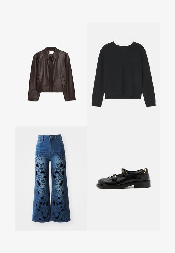 Giacca in pelle marrone scuro con zip frontale, ampio colletto, maniche lunghe e due tasche laterali angolate, mostrata stesa su uno sfondo bianco.; Felpa nera con maniche lunghe, scollatura a girocollo e orlo leggermente accorciato. Realizzata in un tessuto morbido, presenta un discreto dettaglio del logo sul davanti.; Jeans in denim a gamba larga con ricami floreali e dettagli a taglio sulle gambe. Presentano una sfumatura dal blu chiaro al blu scuro e un classico design a cinque tasche.; Scarpe in pelle nera con dettagli brogue, dotate di due cinturini con fibbia, punta arrotondata e tacco basso. Texture liscia con finitura lucida.