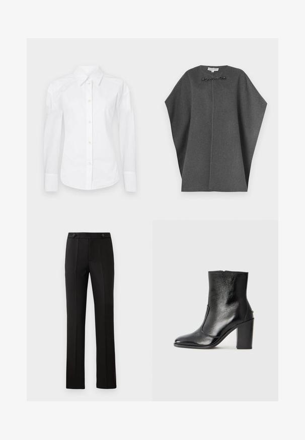Sivi volneni pončo z okroglim izrezom, s sprednjim zapiranjem iz črne kovinske opreme in ohlapnim, padajočim silhuetom. Enostavna zasnova.; Bela srajca z gumbi, izdelana iz bombaža. Ima klasičen ovratnik, dolge rokave in običajno zapiranje na gumbnico z bež gumbi. Gladka tekstura.; Črne krojene hlače s ravnim nogavicam, dvema sprednjima žepoma, gumbom za zapiranje in nabranimi detajli spredaj. Gladka tekstura tkanine.; Črne usnjene gležnarske čevlje z gladko teksturo, koničastim nosom in debelim visokim petam. Imajo stransko odprtino in minimalističen dizajn.