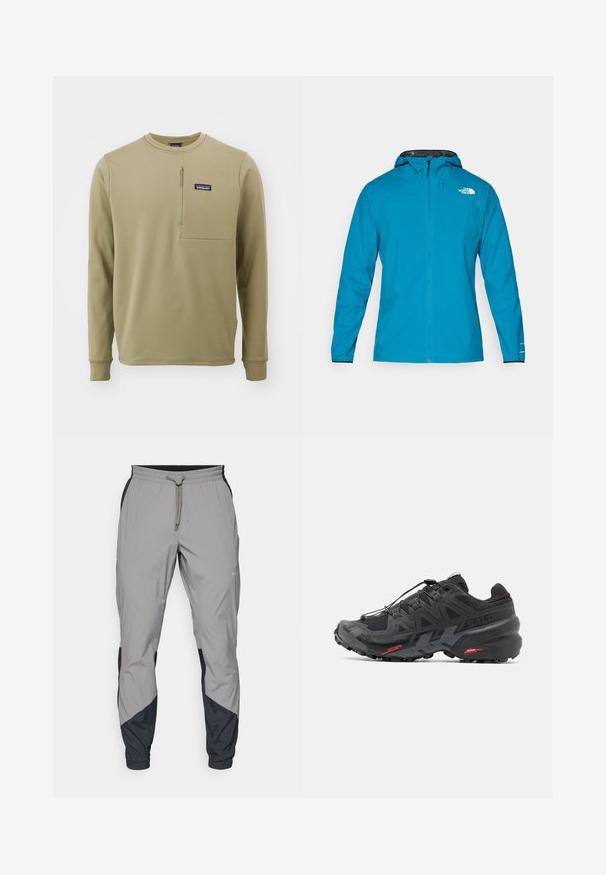 Waterproof jacket in bright blue, featuring a black-lined hood, full zip, and elastic cuffs. Logo displayed on the upper left front.; Patagonia THERMAL CREW - Sweatshirt - seabird grey; Lightweight, gray athletic pants with black accents. Elastic waistband, drawstring closure, tapered leg design, and side pockets.; Black running shoe with synthetic upper, textured design, and contrasting red accents. Features a secured lace system and rugged outsole.