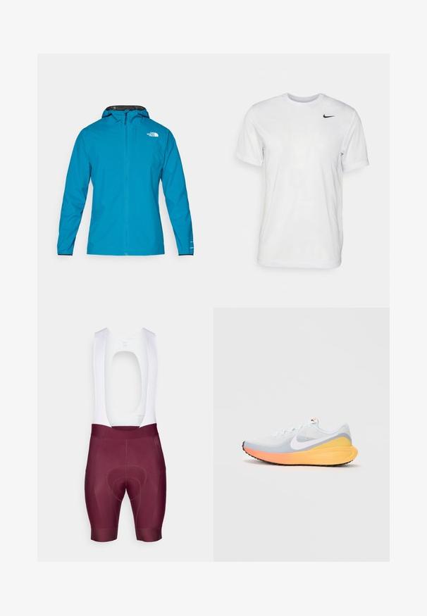 Waterproof jacket in bright blue, featuring a black-lined hood, full zip, and elastic cuffs. Logo displayed on the upper left front.; White short-sleeve t-shirt made of smooth fabric. Features a round neck and a small black Nike logo on the left chest.; Bib shorts made of stretch fabric, featuring a maroon color with a white upper section and a prominent chamois pad for comfort.; Light blue running shoe with a breathable mesh upper. Features a white swoosh, orange and yellow midsole, and black outsole for traction.