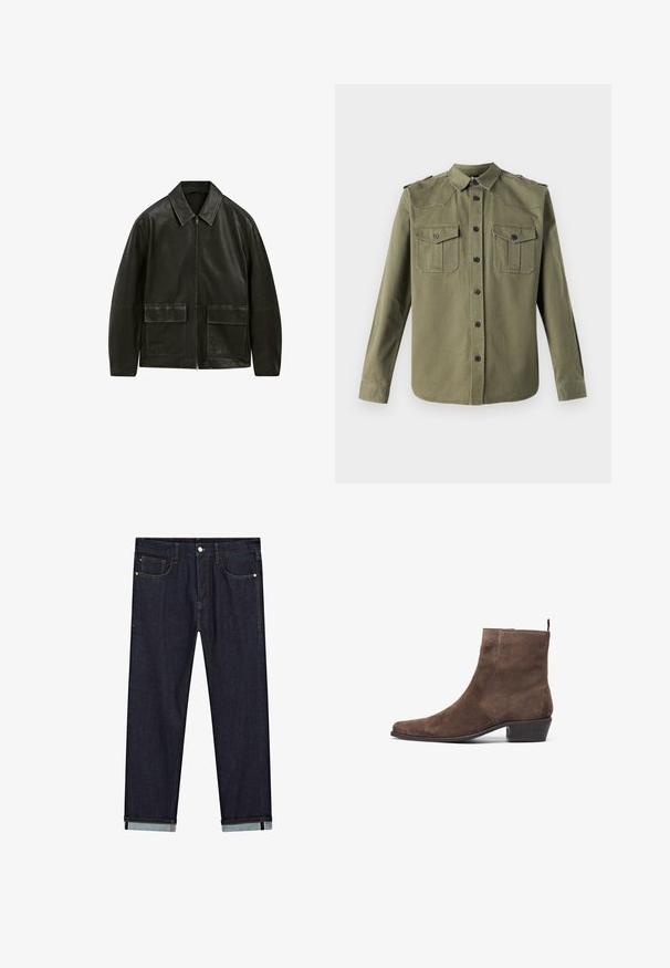 Czarna skórzana kurtka z zamkiem błyskawicznym, kołnierzykiem w szpic i dwoma przednimi kieszeniami. Posiada kontrastowe szwy i gładką teksturę.; The Kooples - Koszula; Jasnoszara, oversize t-shirt z okrągłym dekoltem i surowymi krawędziami. Posiada postrzępione detale na ramionach i krótkich rękawach.; Granatowe dżinsy o prostym kroju, z pięcioma kieszeniami, z zamknięciem na guzik oraz podwiniętymi mankietami prezentującymi kontrastujący jaśniejszy materiał.; Brązowy zamszowy botek sięgający kostki z wysmuklonym noskiem, niskim blokowym obcasem i pętelką z tyłu, ułatwiającą zakładanie. Gładka tekstura i prosty design.