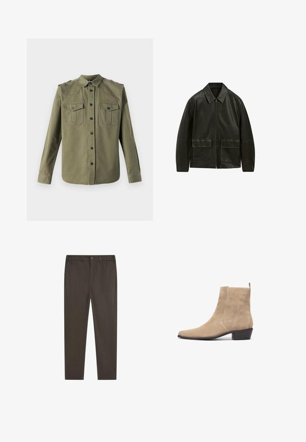 Czarna skórzana kurtka z zamkiem błyskawicznym, kołnierzykiem w szpic i dwoma przednimi kieszeniami. Posiada kontrastowe szwy i gładką teksturę.; The Kooples - Koszula; Jasnoszara, oversize t-shirt z okrągłym dekoltem i surowymi krawędziami. Posiada postrzępione detale na ramionach i krótkich rękawach.; Ciemnobrązowe spodnie o prostych nogawkach, z elastycznym paskiem w talii, przednim zapięciem na guziki i bocznymi kieszeniami. Gładka tekstura tkaniny.; Beżowe zamszowe botki za kostkę z ostrym noskiem, minimalistyczny design i niskim, składającym się obcasem. Posiadają pętelkę z tyłu ułatwiającą zakładanie.