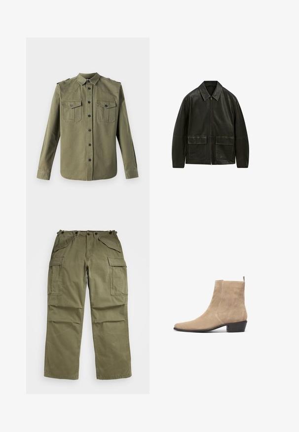 Czarna skórzana kurtka z zamkiem błyskawicznym, kołnierzykiem w szpic i dwoma przednimi kieszeniami. Posiada kontrastowe szwy i gładką teksturę.; The Kooples - Koszula; Jasnoszara, oversize t-shirt z okrągłym dekoltem i surowymi krawędziami. Posiada postrzępione detale na ramionach i krótkich rękawach.; Oliwkowe spodnie cargo wykonane z teksturowanej tkaniny, posiadające liczne kieszenie z przodu i z boku oraz wzmocnione szwy.; Beżowe zamszowe botki za kostkę z ostrym noskiem, minimalistyczny design i niskim, składającym się obcasem. Posiadają pętelkę z tyłu ułatwiającą zakładanie.