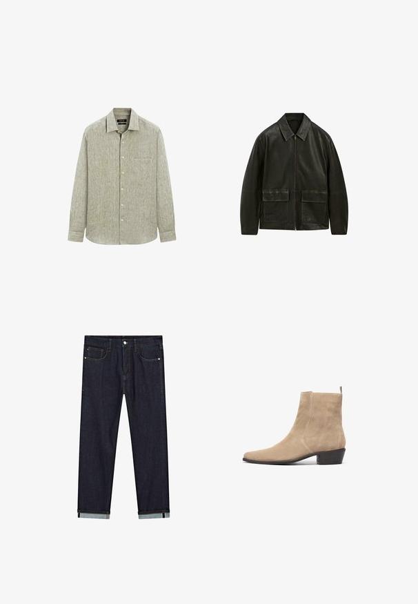 Giacca di pelle nera con chiusura a zip, colletto a punta e due tasche frontali. Presenta cuciture a contrasto e una texture liscia.; Camicia verde chiaro a maniche lunghe con bottoni, realizzata in tessuto a trama. Presenta una tasca sul petto e un colletto classico con chiusura a bottoni.; T-shirt oversize grigio chiaro con collo tondo e bordi grezzi. Presenta dettagli strappati sulle spalle e maniche corte.; Jeans in denim blu scuro con vestibilità dritta, caratterizzati da cinque tasche, chiusura con bottone e risvolti che mostrano un tessuto più chiaro a contrasto.; Stivale alla caviglia in suede beige con punta affilata, design minimalista e tacco basso impilato. Presenta un passante sul retro per un indossamento facile.