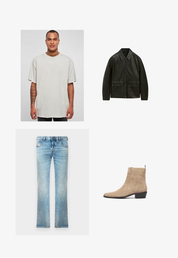 Czarna skórzana kurtka z zamkiem błyskawicznym, kołnierzykiem w szpic i dwoma przednimi kieszeniami. Posiada kontrastowe szwy i gładką teksturę.; Jasnoszara, oversize t-shirt z okrągłym dekoltem i surowymi krawędziami. Posiada postrzępione detale na ramionach i krótkich rękawach.; The Kooples - Koszula; Jasnoniebieskie dżinsy z prostymi nogawkami, pięcioma kieszeniami i lekkim przetarciem. Zawierają metalowy guzik i zamek błyskawiczny.; Beżowe zamszowe botki za kostkę z ostrym noskiem, minimalistyczny design i niskim, składającym się obcasem. Posiadają pętelkę z tyłu ułatwiającą zakładanie.