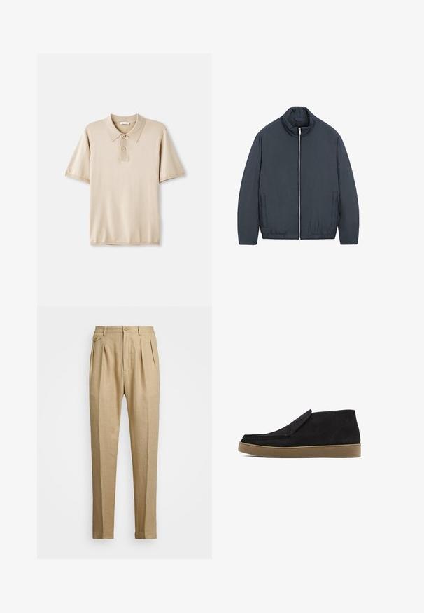 Kurtka pikowana w ciemnogranatowym materiale, z wysokim kołnierzem, zamkiem błyskawicznym z przodu i dwoma bocznymi kieszeniami. Elastyczny dół o gładkiej teksturze.; Beżowa koszulka polo z kołnierzykiem i zapięciem na trzy guziki. Krótkie rękawy, miękka tekstura i prosty dół. Minimalistyczny design.; Beżowe lniane spodnie o prostym kroju, z dwoma fałdami z przodu, z zapięciem na guzik i kieszeniami po bokach. Teksturowana tkanina o gładkim wykończeniu.; Czarne zamszowe buty typu slip-on, z zaokrąglonym czubkiem i brązową gumową podeszwą. Posiadają subtelne przeszycia oraz teksturowaną powierzchnię wierzchnią.