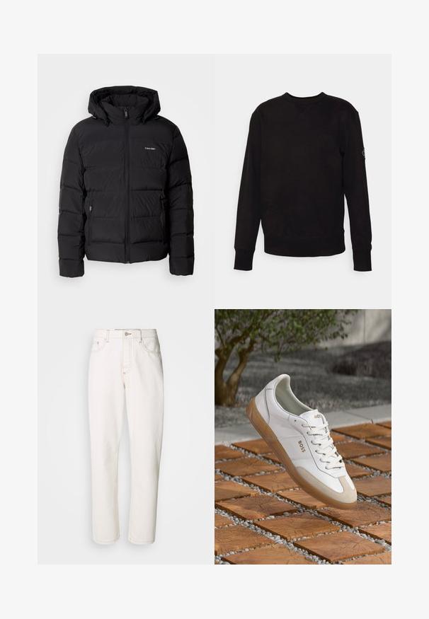 Crna puffer jakna s patentnim zatvaračem sprijeda i podesivim kapuljačom. Sadrži kvadratne panele, dva bočna džepa i mali logotip na prsima.; Crni dukserica s okruglim izrezom, izrađena od pamuka. Ima rebraste rukave i donji rub, s malim logotipom na lijevom rukavu. Ravan, glatki površina.; Bijele traperice od denima sa ravnim nogavicama, s prošivenim šavovima, metalnim zatvaračem i standardnom konstrukcijom s pet džepova.; Bijele kožne tenisice s bež nubuk detaljima, zaobljenog prsta, sa vezanjem sprijeda i smeškim gumenim đonom, na kojima je istaknuto ime branda "BOSS."