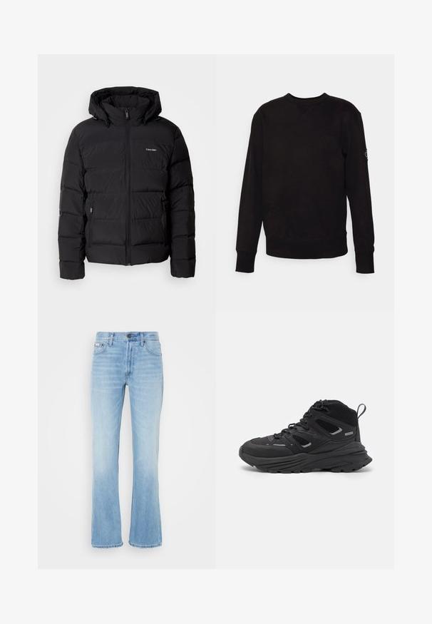 Chaqueta de plumón negra con cremallera frontal y capucha ajustable. Presenta paneles acolchados, dos bolsillos laterales y un pequeño logo en el pecho.; Sudadera negra de cuello redondo hecha de algodón. Presenta puños y dobladillo acanalados, con un pequeño parche de logo en la manga izquierda. Superficie plana y suave.; Vaqueros de mezclilla azul claro, de corte acampanado, con un acabado desgastado, cinco bolsillos, trabillas para el cinturón y cierre de botón en la cintura.; Botas de senderismo negras con un diseño estratificado, tejido texturizado y suela de goma, con áreas reforzadas y cordones en la parte delantera.