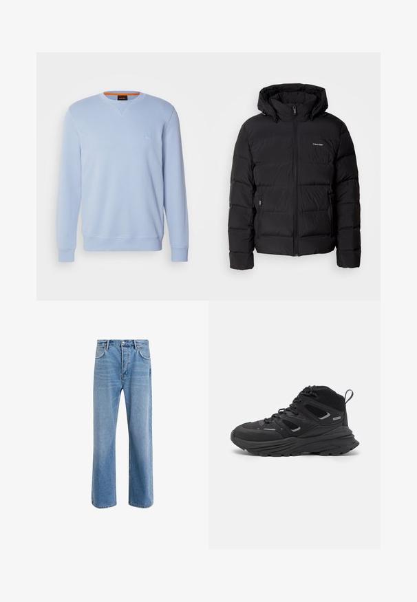 Černá péřová bunda s předním zipem a nastavitelnou kapucí. Obsahuje prošívané panely, dvě boční kapsy a malé logo na hrudi.; Světle modrá mikina vyrobená z bavlněné směsi, která má kulatý výstřih, dlouhé rukávy a malé ražené logo na hrudi.; Světle modré džínové kalhoty s rovnými nohavicemi, pěti kapsami, zapínáním na knoflík, minimálním vyblednutím a kontrastním prošitím.; Černé turistické boty s vrstveným designem, texturovanou látkou a gumovou podešví, se zesílenými částmi a šněrovacím uzávěrem.