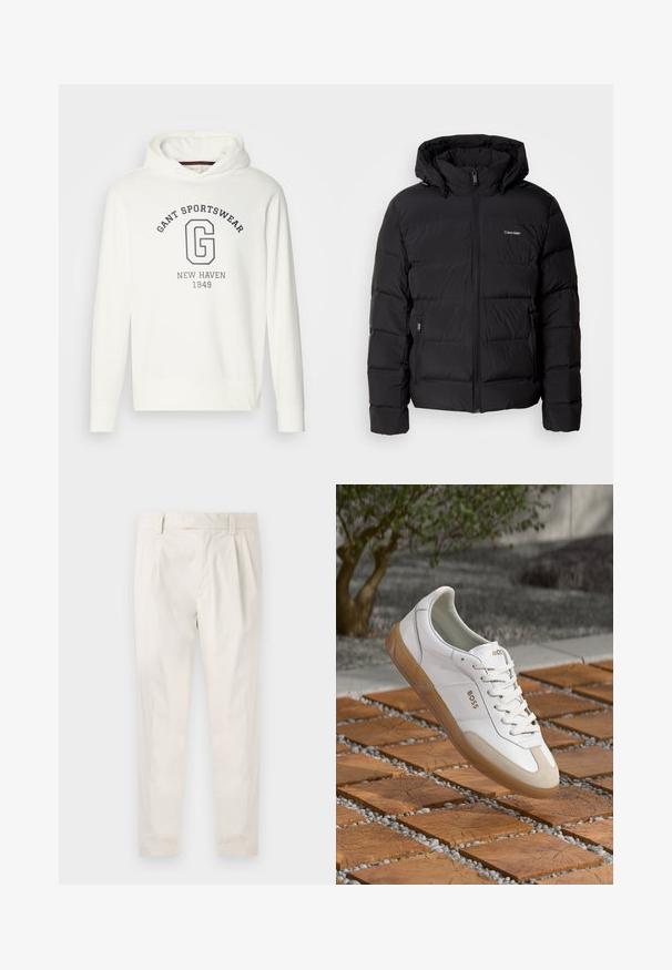 Čierna páperová bunda so zipsom vpredu a nastaviteľnou kapucňou. Obsahuje prešívané panely, dve bočné vrecká a malé logo na hrudi.; Biela mikina s kapucňou obsahujúca nápis "GANT SPORTSWEAR" a veľké logo "G" v námorníckej modrej, s rebrovanými manžetami a lemom. Hladká textúra látky.; Biele plisované nohavice s prispôsobeným strihom, s hladkou textúrou, pútkami na opasok a zúženými nohavicami. Žiadne viditeľné vrecká ani vzory.; Biele kožené tenisky s béžovými semišovými akcentmi, s okrúhlou špičkou, šnurovaním vpredu a hnedou gumovou podrážkou, so značkou "BOSS."