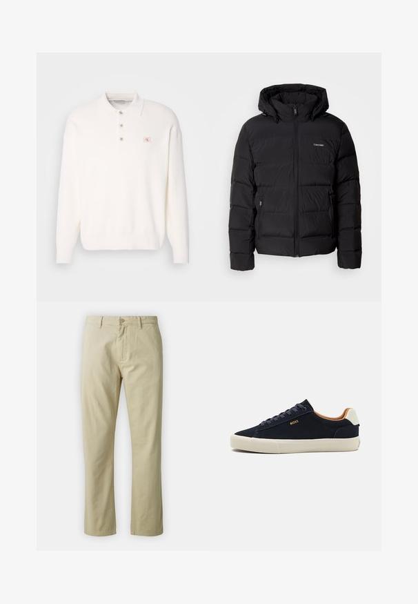 Μαύρο μπουφάν με φερμουάρ μπροστά και ρυθμιζόμενη κουκούλα. Διαθέτει ραμμένα πάνελ, δύο πλαϊνές τσέπες και ένα μικρό λογότυπο στο στήθος.; Λευκό μακρυμάνικο πόλο πουλόβερ από μαλακό ύφασμα, με κλασικό γιακά, τρία κουμπιά και μια μικρή ετικέτα λογότυπου στο στήθος.; Μπεζ βαμβακερά παντελόνια με ίσια σχεδίαση, εμπρός κλείσιμο με κουμπί και θηλιές ζώνης. Λείος υφή, χωρίς ορατά μοτίβα ή λεπτομέρειες.; Ναυτικές σουέντ χαμηλές αθλητικές παπούτσια με μπεζ σόλα, αντίθετο καφέ εσωτερικό και λεπτομέρεια λογότυπου στην εξωτερική πλευρά. Περιέχουν στρογγυρά κορδόνια και λεία υφή.
