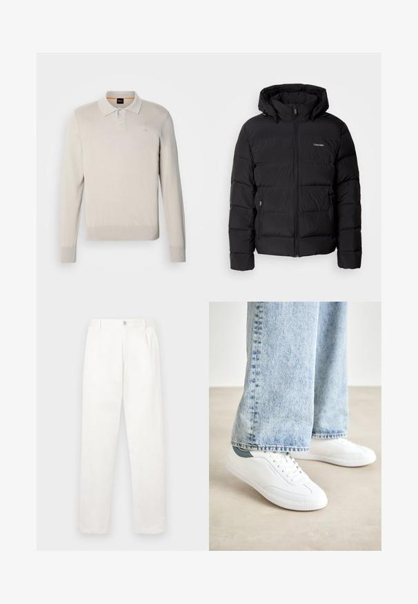 Black puffer jacket with a zip front and adjustable hood. Features quilted panels, two side pockets, and a small logo on the chest.; Light beige long-sleeve polo shirt made of soft knit material, featuring a three-button placket and ribbed cuffs and hem. Subtle logo detail.; White trousers made from smooth fabric, featuring a straight leg design, front pleats, and a single button closure at the waist.; White sneakers with smooth material, lace-up design, textured rubber sole, and a teal accent at the heel, paired with light blue jeans.