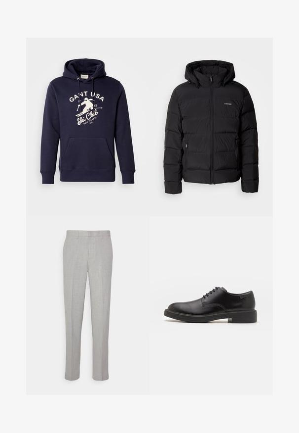 Μαύρο μπουφάν με φερμουάρ μπροστά και ρυθμιζόμενη κουκούλα. Διαθέτει ραμμένα πάνελ, δύο πλαϊνές τσέπες και ένα μικρό λογότυπο στο στήθος.; Μπλούζα φούτερ σε ναυτικό μπλε από βαμβακερό μείγμα, που διαθέτει μπροστινή τσέπη καγκουρό, κουκούλα με κορδόνια και λευκή γραφική απεικόνιση σκι με κείμενο.; Ανοιχτό γκρι παντελόνια με λεία υφή, επίπεδο μπροστινό μέρος και ίσιες γραμμές. Κατασκευασμένα από αναπνεύσιμο ύφασμα, διαθέτουν εσωτερικές τσέπες και θηλιές για ζώνη.; Μαύρο δερμάτινο παπούτσι με κορδόνια, με στρογγυλή μύτη, λεία υφή, ελάχιστη ραφή και χαμηλή καουτσούκ σόλα. Λογότυπο στη σόλα.