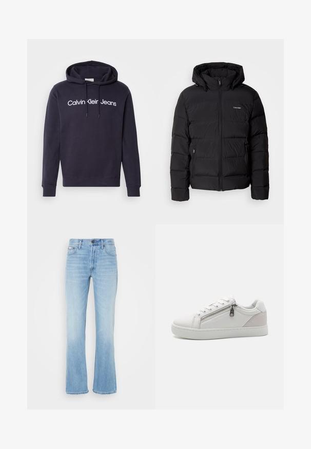 Giubbotto piumino nero con zip frontale e cappuccio regolabile. Presenta pannelli trapuntati, due tasche laterali e un piccolo logo sul petto.; Felpa blu navy in cotone misto, con tasca anteriore a marsupio, cappuccio con lacci e scritta bianca: "Calvin Klein Jeans."; Jeans a zampa d'elefante in denim blu chiaro con una finitura sbiadita, cinque tasche, passanti per cintura e chiusura con bottone in vita.; Sneaker bianca con materiale in pelle liscia, accento in suede beige a contrasto sul tallone e dettaglio con chiusura a zip sul lato.