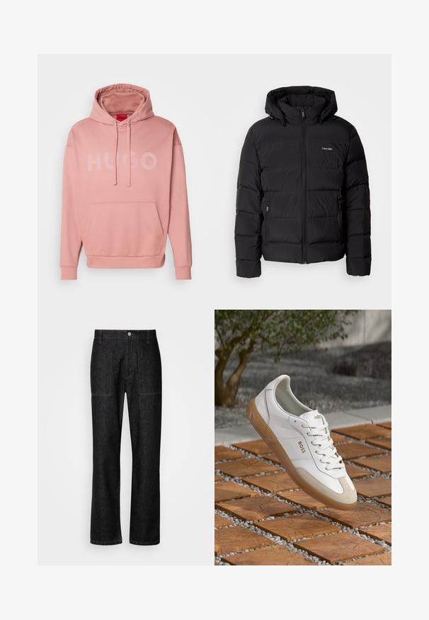 Giubbotto piumino nero con zip frontale e cappuccio regolabile. Presenta pannelli trapuntati, due tasche laterali e un piccolo logo sul petto.; Felpa con cappuccio rosa realizzata in un morbido tessuto, con una tasca a marsupio frontale e un grande logo "HUGO" di una tonalità di rosa più chiara.; Pantaloni in denim nero con gamba dritta, cuciture visibili e chiusura frontale con bottone. Include due tasche laterali e due tasche posteriori.; Sneaker bianca in pelle con accenti in suede beige, caratterizzata da una punta rotonda, chiusura con lacci e suola in gomma marrone, con il nome del marchio "BOSS".