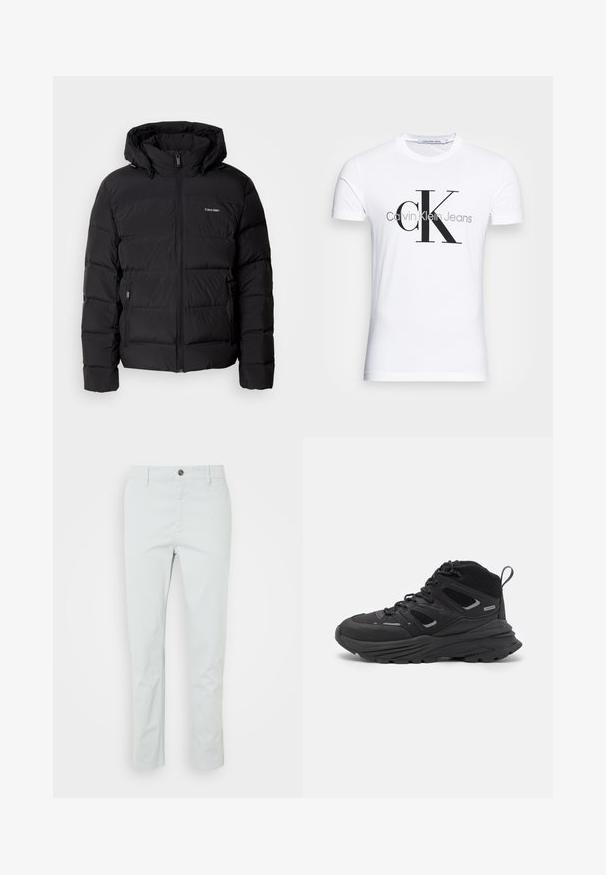 Black puffer jacket with a zip front and adjustable hood. Features quilted panels, two side pockets, and a small logo on the chest.; White cotton t-shirt featuring a black "CK" logo and "Calvin Klein Jeans" text, short sleeves, and a classic round neckline.; Light green cotton trousers with a straight fit, featuring a front button closure and side pockets. Smooth texture, no visible patterns.; Black hiking shoes featuring a layered design, textured fabric, and rubber sole, with reinforced areas and a lace-up front.