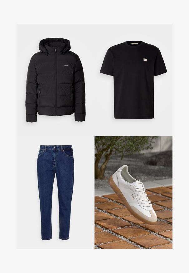 Black puffer jacket with a zip front and adjustable hood. Features quilted panels, two side pockets, and a small logo on the chest.; Black cotton t-shirt with short sleeves, crew neck, and a small embroidered logo on the left chest. Smooth texture, regular fit.; Dark blue denim jeans with a straight-leg design, five pockets, and a button-fly closure. Features subtle fading and stitch detailing.; White leather sneaker with beige suede accents, featuring a round toe, lace-up front, and tan rubber sole, displaying the brand name "BOSS."
