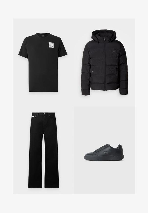 Musta sulejope, millel on lukuga esiosa ja reguleeritav kapuuts. Omab tikandpaneele, kahte küljetaskut ja väikest logo rinnal.; Musta puuvillane T-särk lühikeste varrukatega ja ümara kaelusega. Vasakul rinnal on valge ruudukujuline logo, millel on mustad tähed "CK".; Mustadest denimist püksid laiade jalgadega, viie tasku ja metallist nööpidega. Sile tekstuur, nähtavad mustrid puuduvad.; Mustad mustkatsed on ümmarguse varvastega, lamedate tallaga ja paeltega disainiga. Märkimisväärsed detailid hõlmavad külje peal asuvat diskreetset logo.