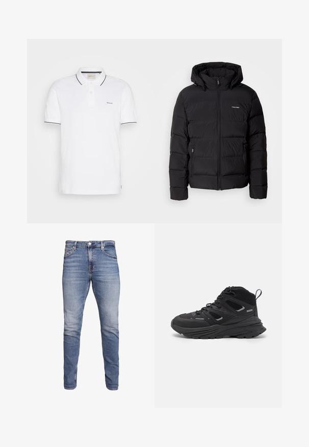 Černá péřová bunda s předním zipem a nastavitelnou kapucí. Obsahuje prošívané panely, dvě boční kapsy a malé logo na hrudi.; Bílá polo košile vyrobená z bavlny, má dvouknoflíkovou légu, krátké rukávy a námořnické lemování na límci a rukávech. Logo GANT na hrudi.; Modré slim-fit džíny s pěti kapsami, vybledlým umytím, zapínáním na knoflík a poutky na opasek, vystavené na bílém pozadí.; Černé turistické boty s vrstveným designem, texturovanou látkou a gumovou podešví, se zesílenými částmi a šněrovacím uzávěrem.