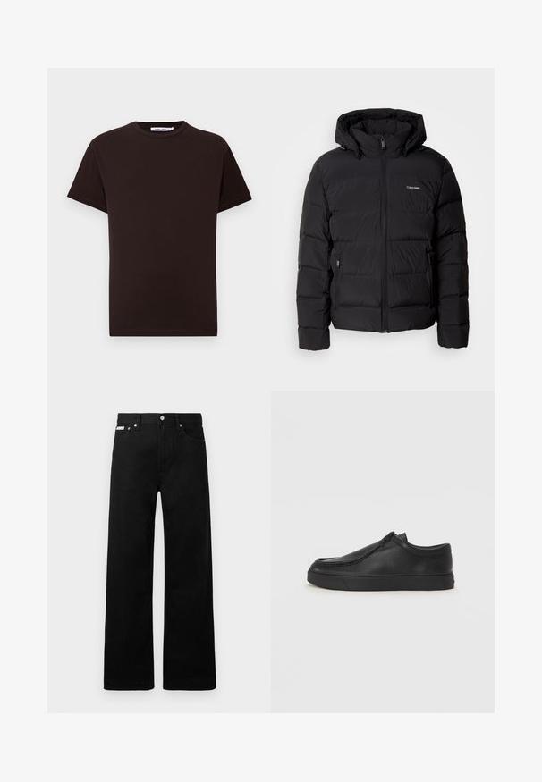 Sort puffet jakke med lynlås foran og justerbar hætte. Har quiltede paneler, to sidelommer og et lille logo på brystet.; Sort bomulds t-shirt med rund halsudskæring, korte ærmer og lige kant. Glat tekstur, afslappet design og uden synlige logoer eller mønstre.; Sorte denimbukser med bred ben-design, der har fem lommer og metallisk knapdetalje. Glat tekstur, uden synlige mønstre.; Sorte læderslippersko med en rund tå, stikninger og sort gummisål. Glat tekstur med minimalistisk design.