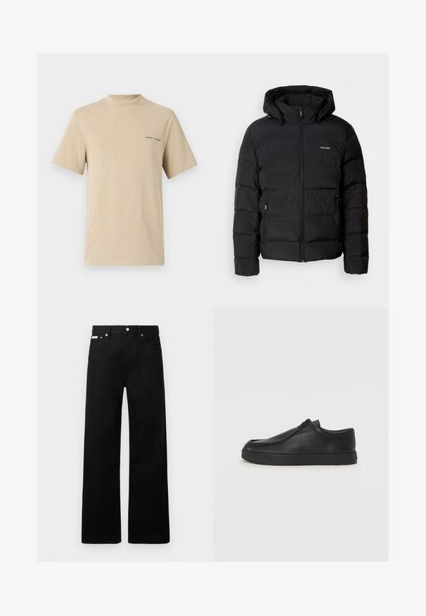 Crna puffer jakna s patentnim zatvaračem sprijeda i podesivim kapuljačom. Sadrži kvadratne panele, dva bočna džepa i mali logotip na prsima.; Bež pamučna majica s okruglim izrezom i kratkim rukavima. Sadrži suptilan crni logo "SAMSOE" na prsima.; Crne traperice širokog kroja, s pet džepova i metalnim dugmadi. Glatka tekstura, bez vidljivih uzoraka.; Crne kožne cipele bez vezivanja s okruglim vrhom, šivanim detaljima i crnom gumenom potplatom. Glatka tekstura s minimalističkim dizajnom.