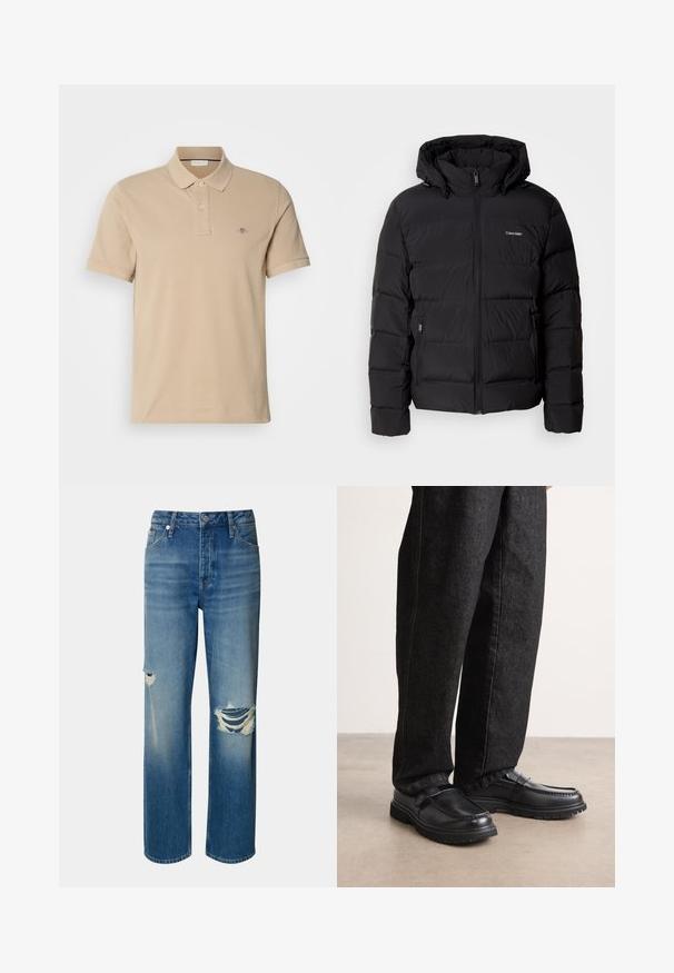 Veste doudoune noire avec fermeture éclair à l'avant et capuche ajustable. Présente des panneaux matelassés, deux poches latérales et un petit logo sur la poitrine.; Polo beige en coton, avec un col boutonné, des manches courtes et un petit logo brodé sur la poitrine. Texture lisse.; Jeans en denim bleu clair avec une taille haute, des jambes droites et des déchirures sur les deux genoux. Présente un design classique à cinq poches et une fermeture à bouton.; Chaussures en cuir noir avec une finition texturée, présentant un design à couture surélevée et une semelle en caoutchouc robuste, portées avec un pantalon en denim foncé.