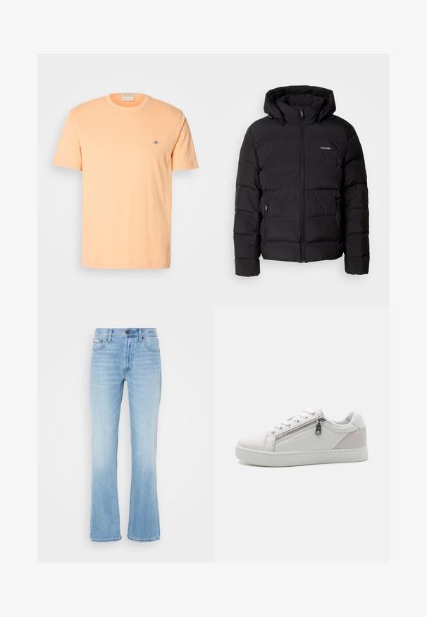 Czarna kurtka puchowa z zamkiem z przodu i regulowanym kapturem. Posiada pikowane panele, dwie boczne kieszenie oraz małe logo na piersi.; Koszulka z krótkim rękawem w jasnoczerwonym kolorze, z małym niebieskim logo na klatce piersiowej. Okrągły dekolt o gładkiej fakturze.; Jasnoniebieskie dżinsy w kształcie dzwonów z wyblakłym wykończeniem, pięcioma kieszeniami, szlufkami na pasek i zapięciem na guzik w talii.; Białe sneakersy z gładkiej skóry, z kontrastującym beżowym zamszem na pięcie oraz zamek błyskawiczny po boku.