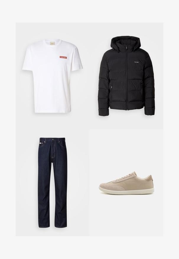 Mustat puhvijakku, jossa on vetoketjukiinnitys ja säädettävä huppu. Ominaisuuksiin kuuluvat tikatut paneelit, kaksi sivutaskua ja pieni logo rinnassa.; Valkoinen puuvillainen t-paita lyhyillä hihoilla, jossa on punainen suorakaiteen muotoinen Calvin Klein -logo vasemmassa rintalastassa. Klassinen pyöreä kaula-aukko.; Tummansinisiä farkkuja suora lahje -muotilla, joissa on nappisuljenta, viisi taskua ja erottuvat ompelutiedot.; Valkoinen lenkkari, jossa on yhdistelmä mokkaa ja kangasta, varustettuna nauhoilla, pyöreällä kärjellä, tekstuurilla varustetulla pohjalla ja huomaamattomalla brändilogolla sivussa.