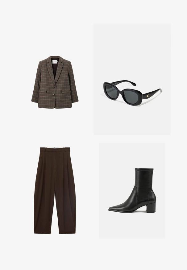 Bruine en zwarte geruite blazer met een knoopsgat, twee voorkzakken en twee knopen. Gevoerde binnenkant in effen bordeauxrood.; Bruine coltrui gemaakt van zachte stof, met een aangesloten ontwerp en een ribbenhals. Lange mouwen en een gladde textuur zonder patronen.; Bruine high-waisted broek met plooien, gemaakt van soepel materiaal. Loose fit, rechte pijpen, met riemlussen en een ritsluiting.; Zwarte enkelboot van soepel leer, met een spitse neus, een blokhak en duidelijke verhoogde stiksels aan de bovenrand.; Zwarte zonnebril met ronde lenzen, glanzend plastic montuur en een gouden logo-accent op de pootjes. Donkere lenzen bieden UV-bescherming.; Gouden ring met een glad, gebogen ontwerp dat elkaar verweeft, met een gepolijste afwerking zonder zichtbare gravures of accenten.
