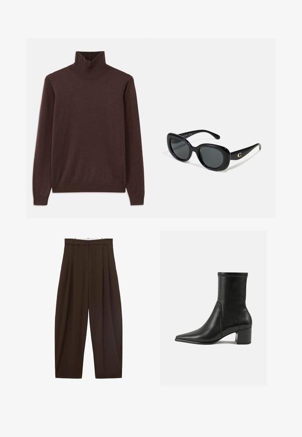 Braun- und schwarzkarierter Blazer mit Reverskragen, zwei vorderen Taschen und zwei Knöpfen. Gefüttertes Innenfutter in einfarbigem Burgunderrot.; Brauner Rollkragenpullover aus weichem Material, mit taillierter Passform und geripptem Ausschnitt. Lange Ärmel und eine glatte Textur ohne Muster.; Braune, hoch taillierte Hose mit Falten, aus glattem Stoff. Lässige Passform, gerade Beinform, mit Gürtelschlaufen und Reißverschluss.; Schwarze Knöchelstiefel aus glattem Leder, mit spitzem Zehenbereich, einem Blockabsatz und markanten, raised stitching am oberen Rand.; Schwarze Sonnenbrille mit runden Gläsern, glanzvollem Kunststoffrahmen und einem goldenen Logoakzent an den Schläfen. Die dunklen Gläser bieten UV-Schutz.; Goldring mit einem glatten, gewölbten Design, das sich miteinander verwebt, und eine polierte Oberfläche ohne sichtbare Gravuren oder Akzente aufweist.