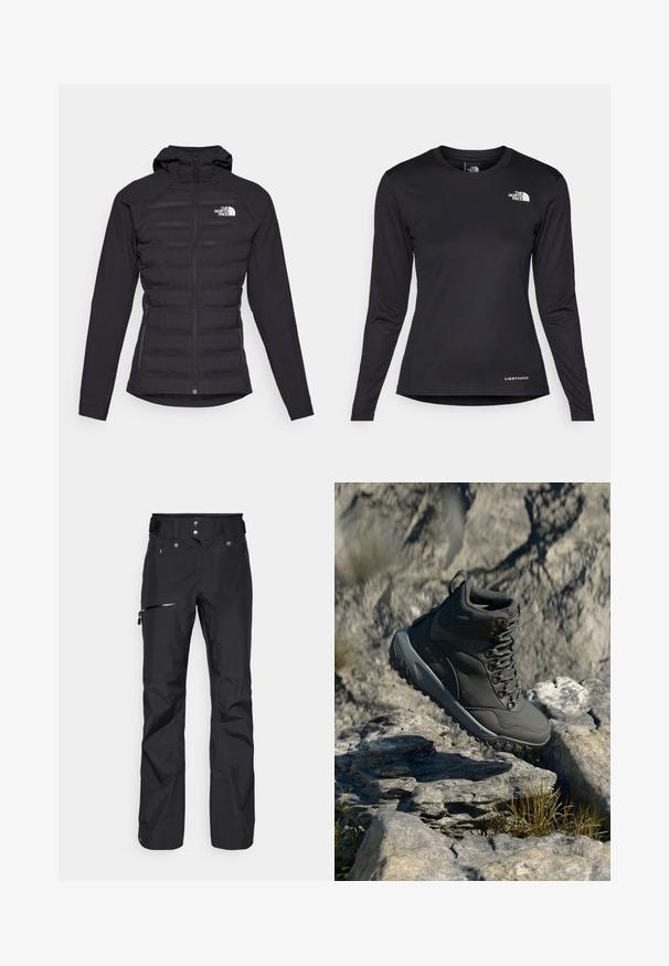 The North Face MOUNTAIN ATHLETICS CARI HOODED JACKET - Szabadtéri dzseki - black; The North Face SHADOW LONG SLEEVE - Hosszú ujjú felső - black; Fekete kültéri nadrág vízálló anyagból, cipzáras oldalzsebbel és állítható derékpánttal a biztos illeszkedés érdekében.; Sötétszürke túrázócipő szintetikus anyagból, párnázott gallérral, fém fűzőlyukakkal és bordázott gumitalppal a tapadásért.