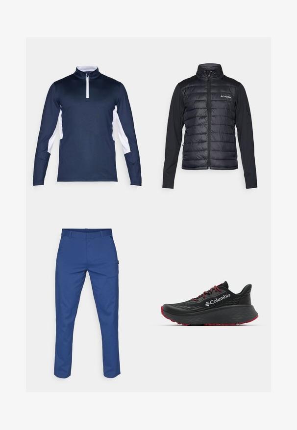 Fekete Columbia dzseki steppelt elülső résszel, puha anyagú ujjakkal, cipzáros elülső résszel és logóval a bal mellen.; Tengerészeti hosszú ujjú poliészter ing, fehér díszítéssel az oldalán, félig cipzáros gallérral és sima, rugalmas anyagból. Klasszikus sportos dizájn.; Simafabricból készült kék nadrág, egyenes szabással, két oldalsó zsebbel és övhurkokkal. Nincs látható minta vagy hardver részlet.; Fekete sportcipő texturált felsőrésszel, piros fűzőkkel és logóval. Vastag talp, mintás járófelülettel a tapadásért. Minimalista dizájn, oldalnézet.