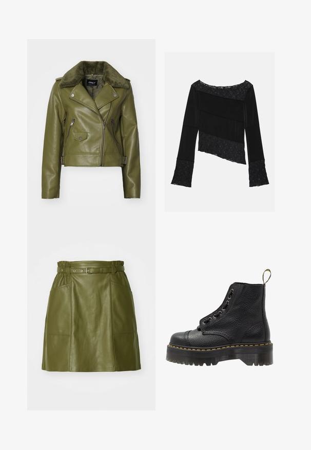 Olivengrønn lær bikerjakke med falsk pelshals, asymmetrisk glidelås, glidelommer og metallhardware. Forkortet design.; Svart langermet topp med en blanding av glatt stoff og teksturerte blonder, med asymmetrisk snitt og vide ermer.; Olivengrønn skinnskjørt med beltestrikk i livet, som har to frontlommer og en jevn tekstur. A-linjefasong med moderne design.; Svart lær ankelstøvel med teksturert overflate, rund tå, snøring, gule sømmer, og en tykk, rippet svart plattformsåle.