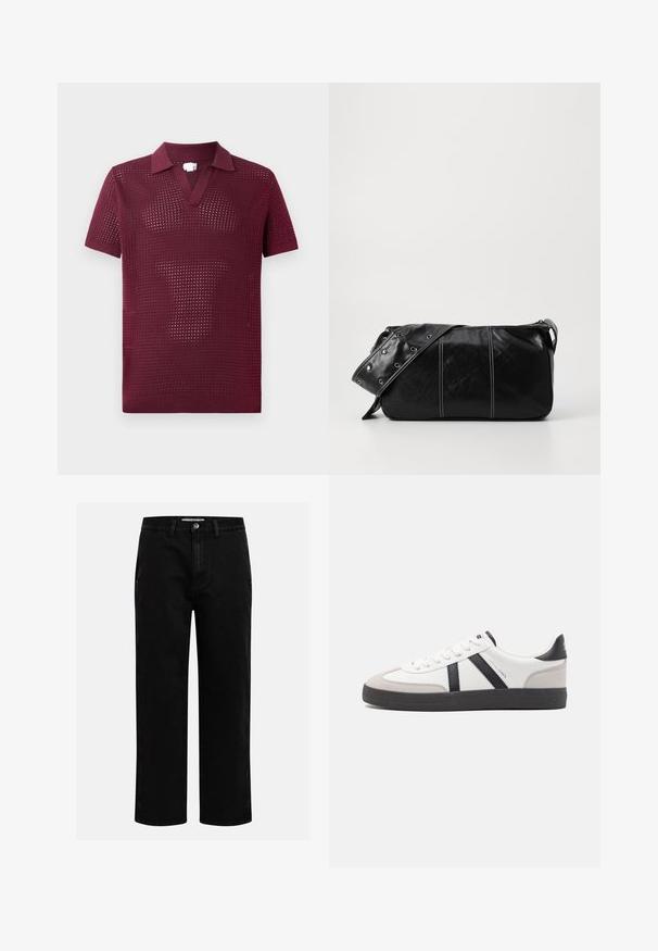 Zwarte bomberjack met een rits aan de voorkant, ribgebreide manchetten en twee diagonale ritszakken met een gladde, glanzende afwerking.; Bordeaux kortgerimpeld polo-shirt met een open geweven structuur, voorzien van een V-hals en een gestructureerde kraag, gemaakt van lichtgewicht breimateriaal.; Zwarte denim broeken met een rechte pijp, klassieke vijf-pocket structuur en een knoopsluiting in de taille. Glad materiaal en duurzame stof.; Witte sneaker met zwarte en grijze accenten, voorzien van een grijze neus met textuur, zwarte rubberen zool en platte witte veters. Schoon ontwerp, minimalistische stijl.; Zwarte leren schoudertas met een ritsluiting, voorzien van een gestructureerd lichaam, witte stiksels en een band met zilveren oogjes.