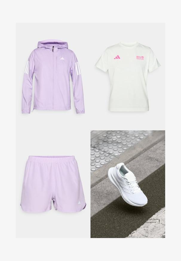 Ljuslila lättviktsjacka med huva, med vita tre-stripesdetaljer på ärmarna och en frampocket med dragkedja. Slät textur.; Vitt kortärmad T-shirt med rosa Adidas-logotyp på vänster bröst och BMW Berlin Marathon-logotyp på höger bröst.; Lavendel sportshorts med elastisk midja, fukttransporterande tyg och en liten vit logotyp på nedre högra sidan.; Vitaid idrottssko med mesh-överdel, snörning och texturerad sula. Diskret branding och sömlösa konstruktionsdetaljer synliga.