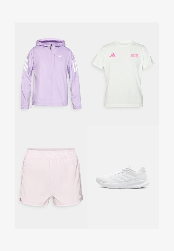 Hele lilla kerge jakk kapuutsiga, millel on valged kolmerealised aktsendid varrukatel ja esine tõmblukk. Sile tekstuur.; Valge lühikeste varrukatega T-särk roosa Adidas logo vasakul rinnal ja BMW Berliini maratoni logo paremal rinnal.; Roosa sportlikud lühikesed püksid elastse vöökohtaga, kerge kangaga, külgsilte ja väike valge logo alumises paremas nurgas.; Valged spordijalatsid, mis on valmistatud võrkmaterjalist, millel on siledisain, ümmargune varvas, struktureeritud konts ja kolm triipu välisküljel.
