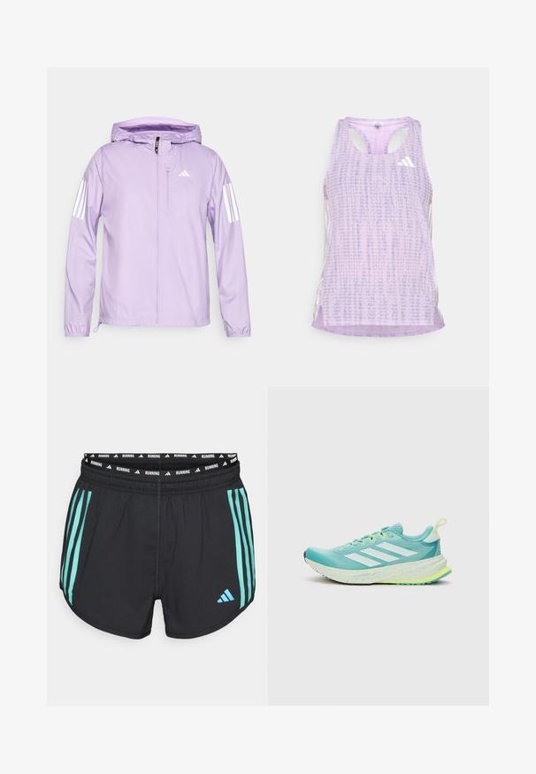 Chaqueta ligera de color púrpura claro con capucha, cuenta con acentos de tres rayas blancas en las mangas y un bolsillo con cremallera en la parte delantera. Textura suave.; Camisa deportiva morada sin mangas, con una tela texturizada y con estampado. Presenta cortes a los lados y un pequeño logo blanco en la parte delantera.; Pantalones cortos de running negros con rayas verticales turquesas y una cinturilla elástica de marca con la palabra "RUNNING" impresa en blanco.; Zapatilla de correr azul claro con franjas blancas, parte superior texturizada, cuello acolchado y acentos verde amarillo en la suela y los cordones.