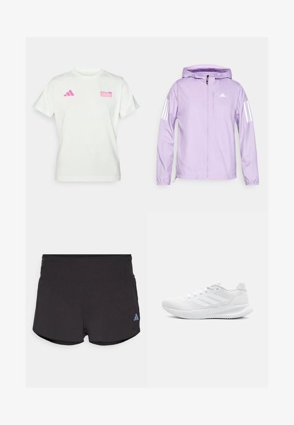 Lyse lilla letvægtsjakke med hætte, der har hvide tre-stribede detaljer på ærmerne og en lomme med lynlås foran. Glat tekstur.; Hvid T-shirt med korte ærmer og pink Adidas-logo på venstre bryst samt BMW Berlin Marathon-logo på højre bryst.; Sorte træningsshorts med en tekstureret overflade, der har en bred elastisk talje og et Adidas-logo i lyseblå på nederste venstre side.; Hvide atletikstøvler lavet af mesh-materiale, med et slankt design, rund tå, struktureret hæl og tre striber på ydersiden.