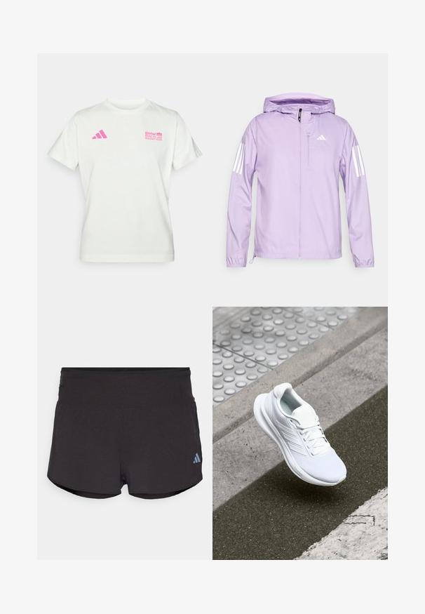 Lyse lilla letvægtsjakke med hætte, der har hvide tre-stribede detaljer på ærmerne og en lomme med lynlås foran. Glat tekstur.; Hvid T-shirt med korte ærmer og pink Adidas-logo på venstre bryst samt BMW Berlin Marathon-logo på højre bryst.; Sorte træningsshorts med en tekstureret overflade, der har en bred elastisk talje og et Adidas-logo i lyseblå på nederste venstre side.; Hvide sportsko med overdel i netmateriale, snørebåndsdesign og struktureret sål. Subtile branding og sømløse konstruktionsdetaljer er synlige.